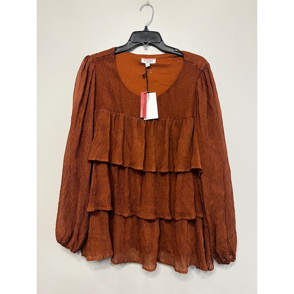 ANDREE BY UNIT Tops - Andree by Unit Rust Brown Crinkle Tiered Ruffle Long Sleeve Top 1X‎